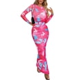thumbnail image 1 of Vestido PRETTYGARDEN Ajustado con Mangas Largas y Estampado Floral en Rojo Rosa, Talla M, 1 of 8
