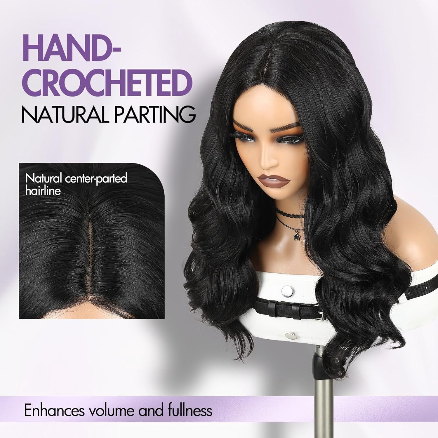 Long Black Wavy Wigs for Women Pre Cut Simulated Lace Wavy Wigs Curly Wig with Middle Part Synthetic 18 Inch  Looking Wig for Daily Party Use