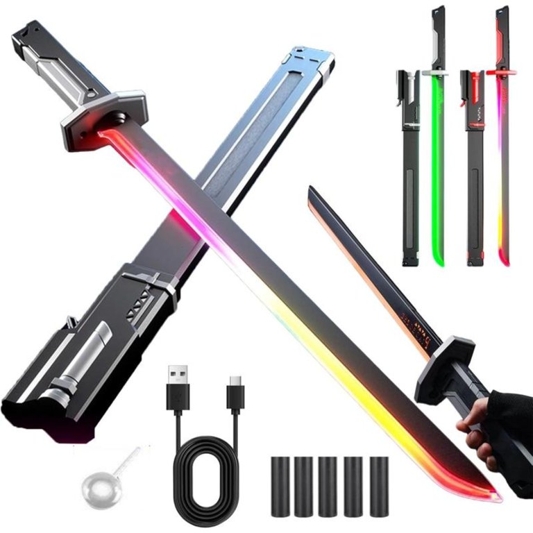 Spada Luminosa LED Con Effetto Scintille – 44 Cm, Intercambiabile Lama Singola O Doppia, Ricaricabile USB-C, Per Cosplay E Giochi Di Ruolo