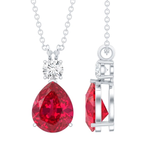 Rosec Jewels Lab Grown Ruby Drop Pendant (2.9 Carat, 7X10 mm Pear Shape, AAAA Grade) - Certified Ruby Diamond Necklace, 925 Sterling Silver