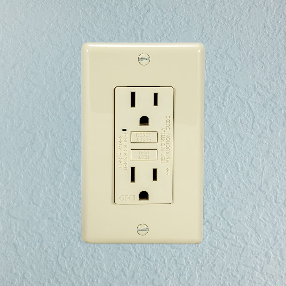 EZ-FLO 62168 Self-Test 15 Amp 125 Volt Slim GFCI Outlet with LED Indicator and Wall Plate, Ivory