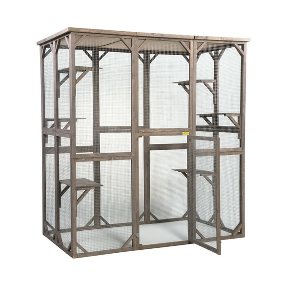 Coziwow Outdoor Wooden Rabbit Cat Dog Enclosure Catio Cage Retreat HouseModern and Simple for Pets with 6 Platforms Weatherproof Gray