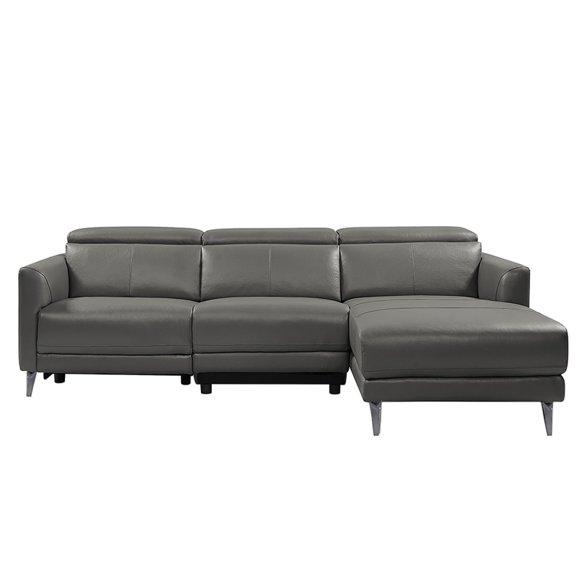 VALENCIA THEATER SEATING Andria Modern Right Hand Facing Top Grain Leather Reclining Sectional Sofa, Cloudy Grey, Pure Italian Nappa Leather and Solid Wood Frame, Electric Power Recliner and USB Charging Port, Sofa with Stainless Steel Legs