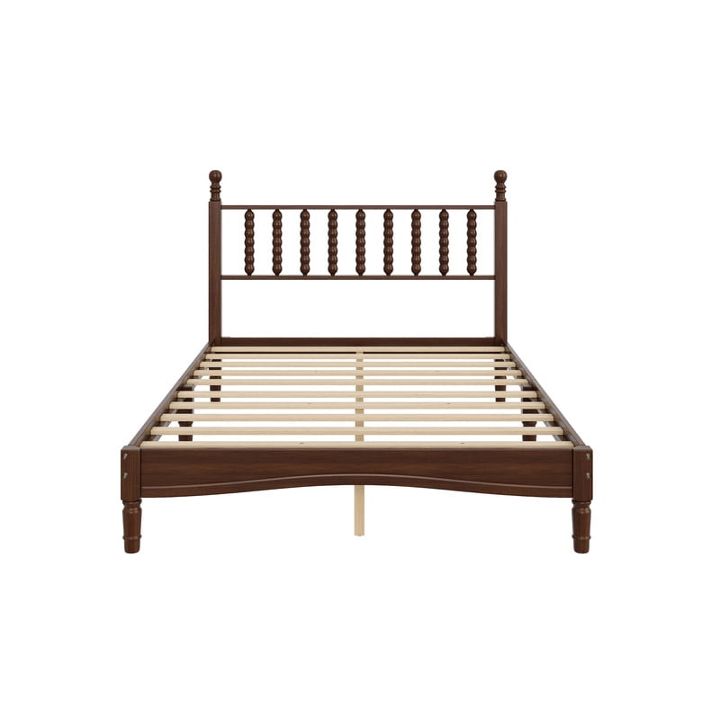 Mid-Century Modern Full Size Wood Platform Bed with Gourd Shaped Headboard, Retro Style Low Profile Bed Frame with Slats Support
