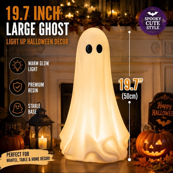Large Lighted White Ghost Figurine, 19.7 Inch Oversized Resin Ghost Statue with Warm Glow, Spooky Cute Halloween Tabletop Decor for Mantel Shelf Fall Home Decoration
