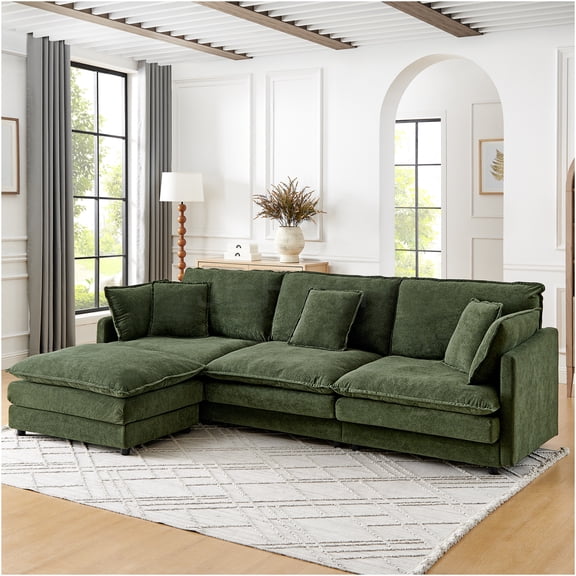 JERFIT Modern L-Shaped Convertible Sectional Sofa with Storage Ottoman, 4-Seater Towel Fabric Couch for Living Room, Green