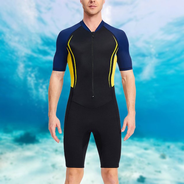 WILLBEST Traje de Neopreno Fino de 1,5 Mm para Hombre, Manga Corta, Estampado, para Esnórquel, Natación, Surf, Verano, Nailon, Parte Superior, Térmico, Neopreno, Pantalones Cortos, Traje de Buceo Azul