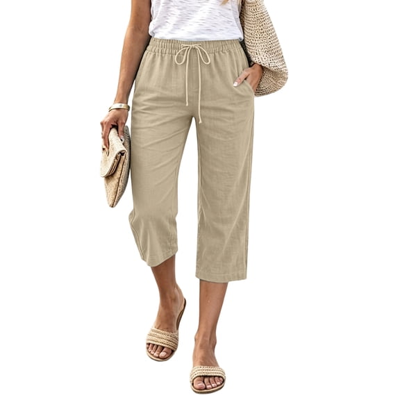Yifymode Women Drawstring Elastic Waist Loose Straight Leg Capri Pants Casual Summer Cropped Trousers with Pockets,Khaki 2XL