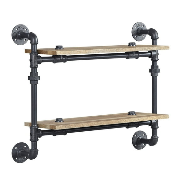 Ley 18 Inch Wood Wall Mount Double Shelf Metal Pipe Design Brown Black - Saltoro Sherpi
