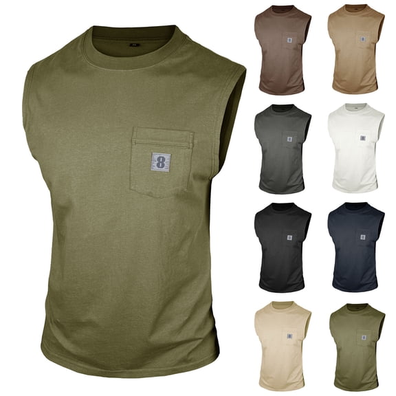 FRSASU Men's Vest Retro Sleeveless Crew-neck Pocket T-shirt Simple Cotton Fitness Sports Casual Loose Vest White