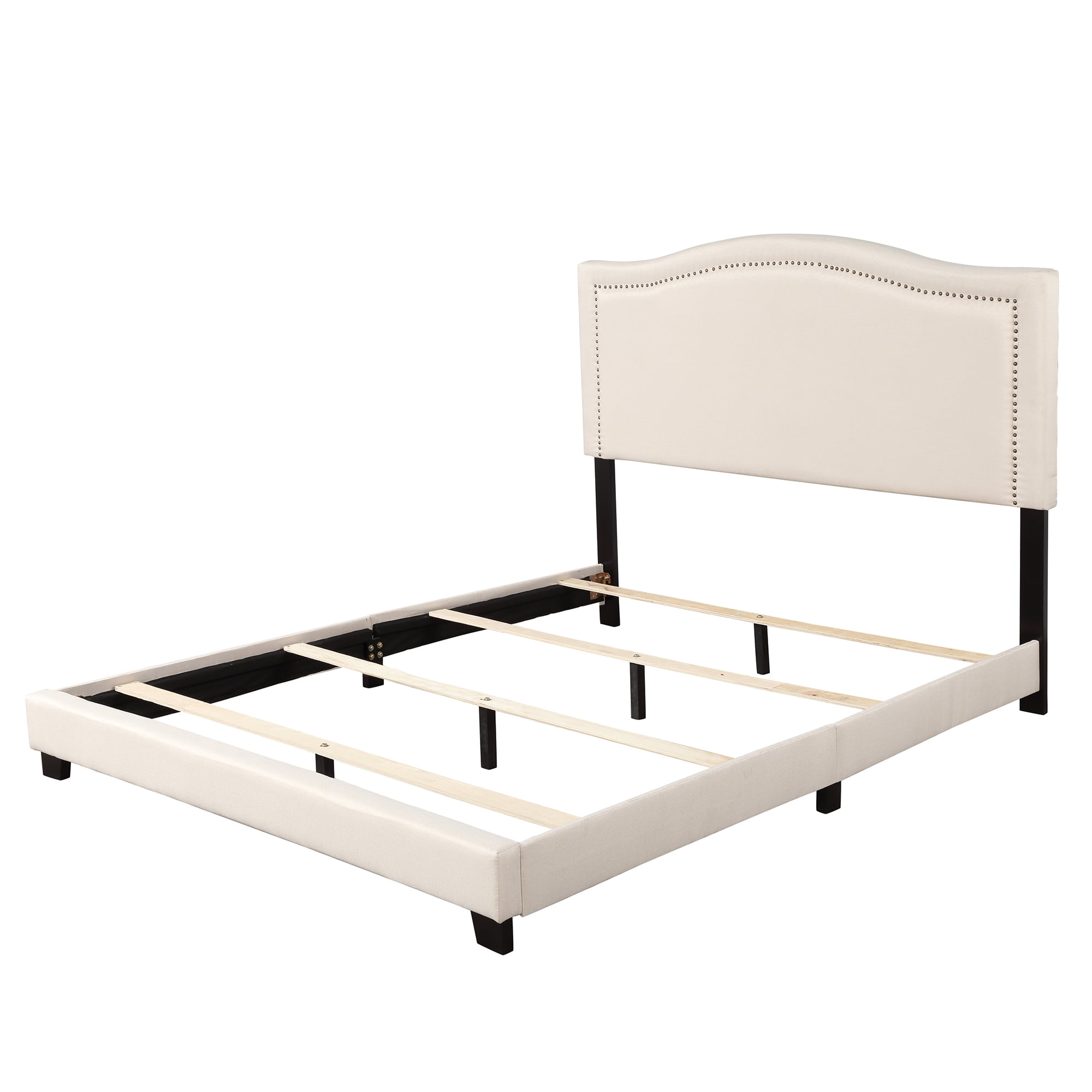 Platform Bed Queen with Grey Linen Cloth Light Headboard, Queen Size