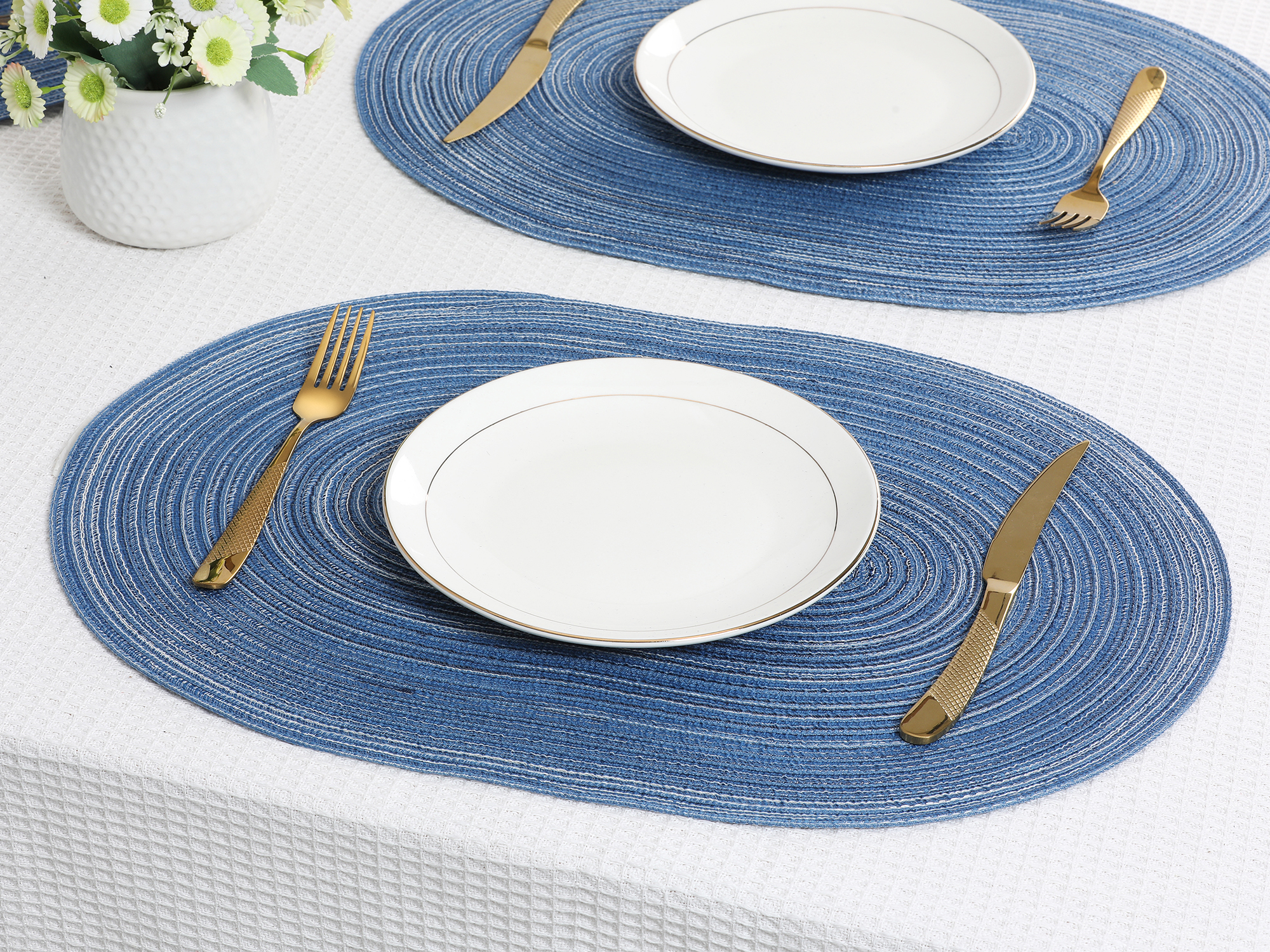 REGALWOVEN Farmhouse Placemats Set of 6 Oval Placemats for Dining Table Decor Indoor Outdoor Kitchen Table Mat Wipe Clean Blue 19.7*14Inch