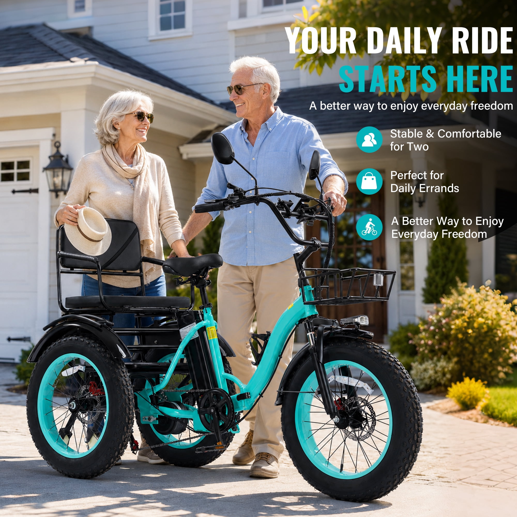 Broobey Pre-assembled 85% Two Seater Electric Tricycle 7 Speed with 48V20Ah Lithium Battery 750W Motor  Electric Tricycle for Adults with Rear Basket Green UL2849