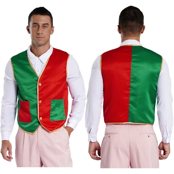 TiaoBug Men's Christmas Color Block Waistcoat Vest Tops Open Front Santa Claus Sleeveless Tops Red&Green XL