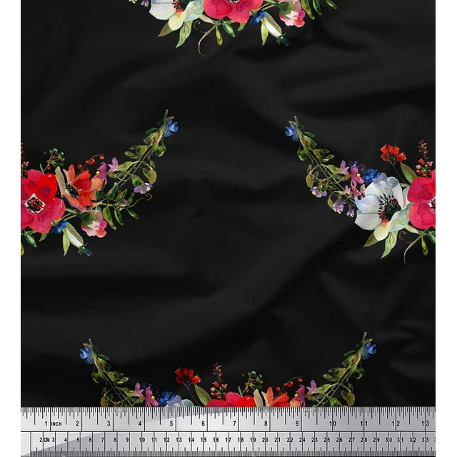 Soimoi Rayon Fabric Leaves & Anemone Flower Fabric Prints By Yard 42 Inch Wide