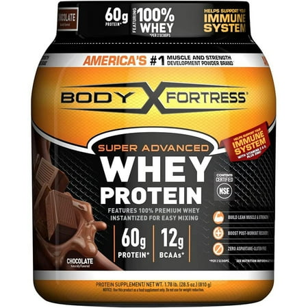 Body Fortress Super Advanced Whey Protein Powder, Chocolate, Immune Support , Vitamins C & D plus Zinc, 1.78 lbs