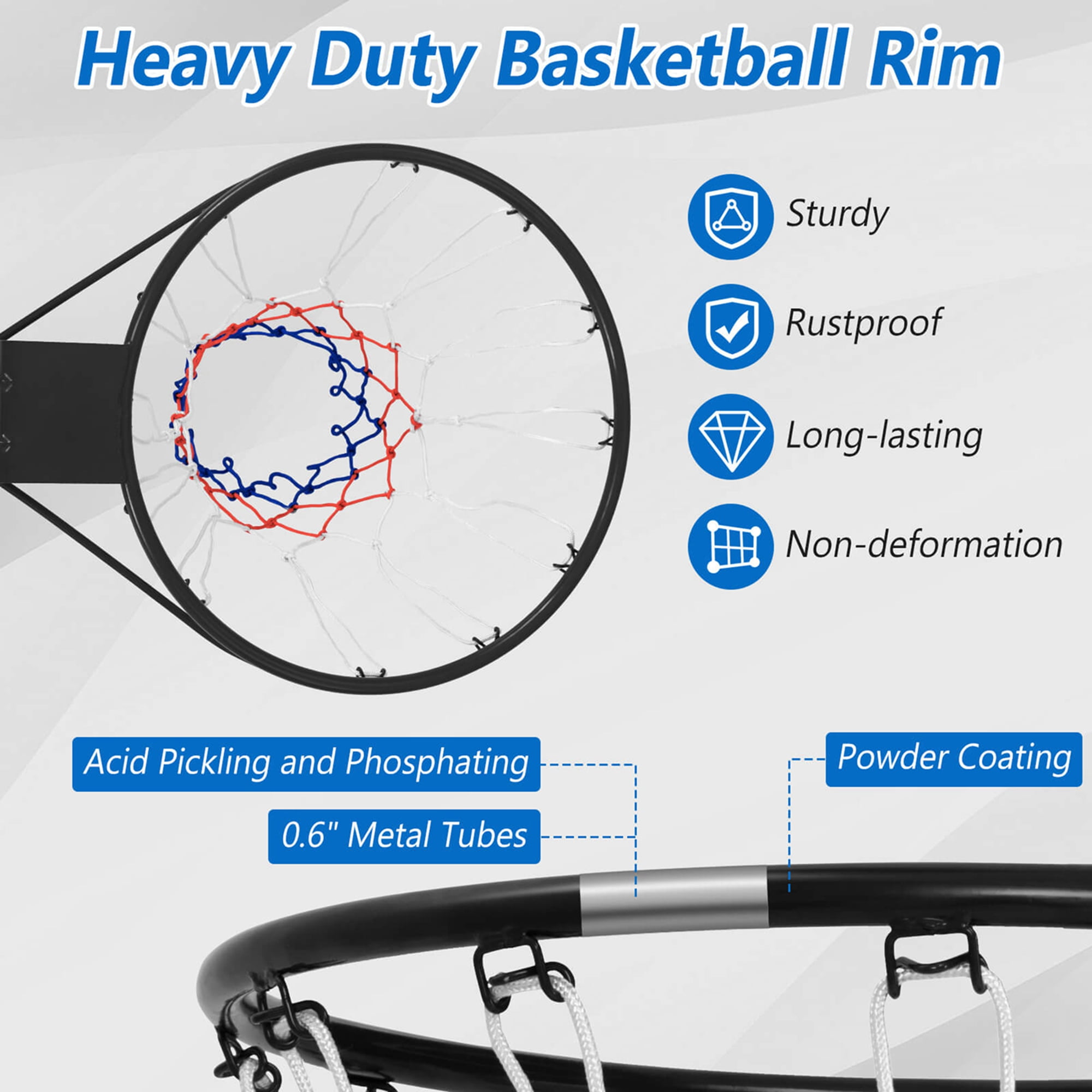 Costway 18" Basketball Rim Wall Door Mounted Basketball Hoop with All Weather Net Black