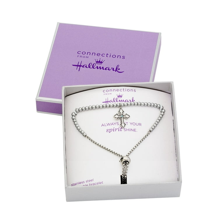 Connections from Hallmark Stainless Steel Crystal Cross Lariat Bracelet