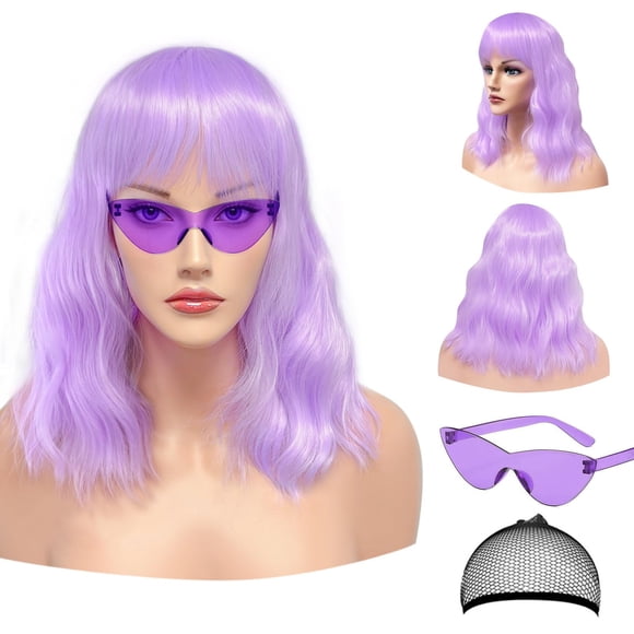 Juego de peluca y gafas de sol de color morado pastel – Peluca ondulada de 15 pulgadas con flequillo – Peluca Bob resistente al calor – Peluca ondulada corta y rizada – Pelucas hasta los hombros para