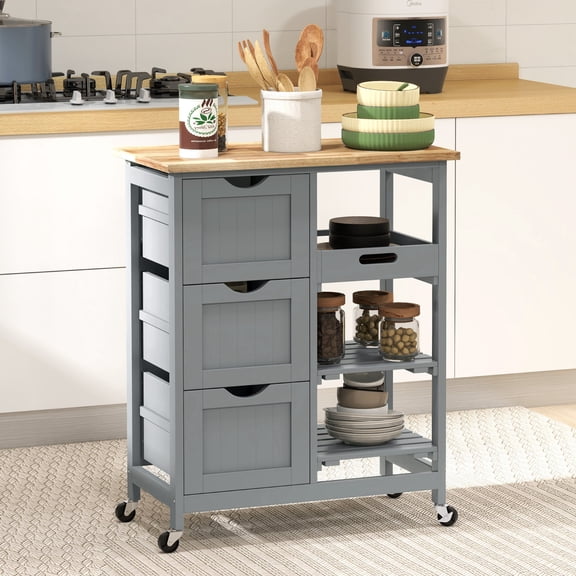 HOMCOM Rolling Kitchen Island Cart, Bar Serving Cart with Drawers, Gray