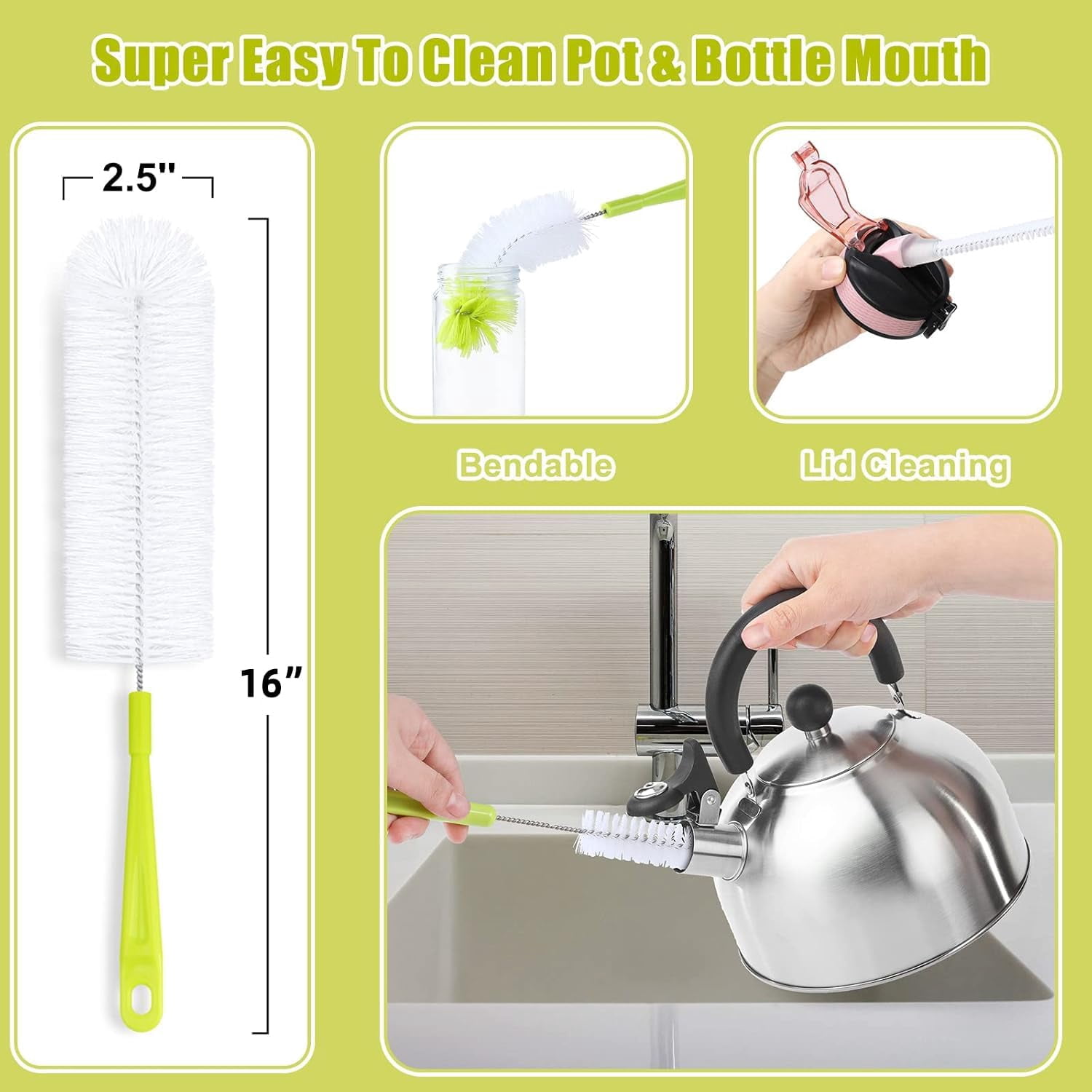 Bottle Cleaning Brush Set - Long Handle Cleaner for Washing Narrow Neck Beer Bottles, Sports Water Bottles with Straw Brush, Kettle Sp/Lid Brushes