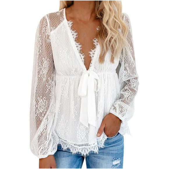 Womens Peplum Tops V Neck Self Tie Bowknot Front Lace Crochet Work Shirt Long Sleeves Lace Babydoll Blouse Tshirts