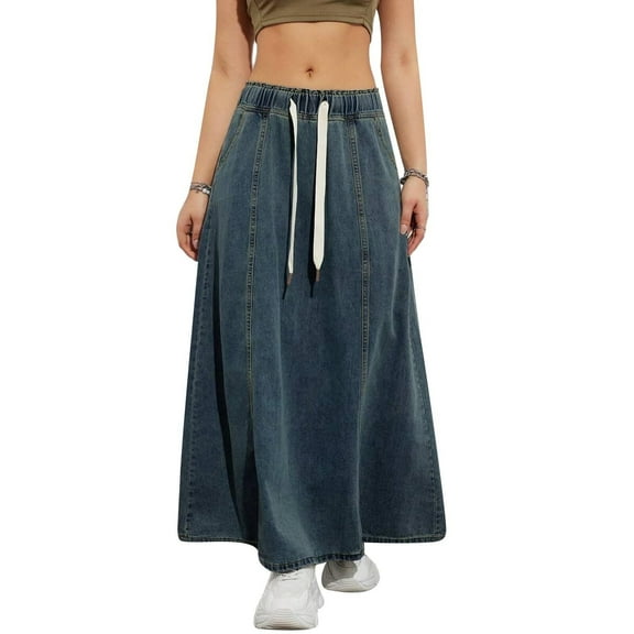 Womens Casual Denim Long Maxi Skirts Summer Vintage Drawstring High Flared Stretch Straight Denim Skirt Streetwear