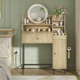 thumbnail image 4 of Modern Makeup Vanity Desk with Mirror and Light, Fluted Vanity Table with Drawer and Cabinet, Dresser with Hairdryer Holder & Power Outlet & Shelves, 3 Lighting Modes, for Bedroom, 4 of 9