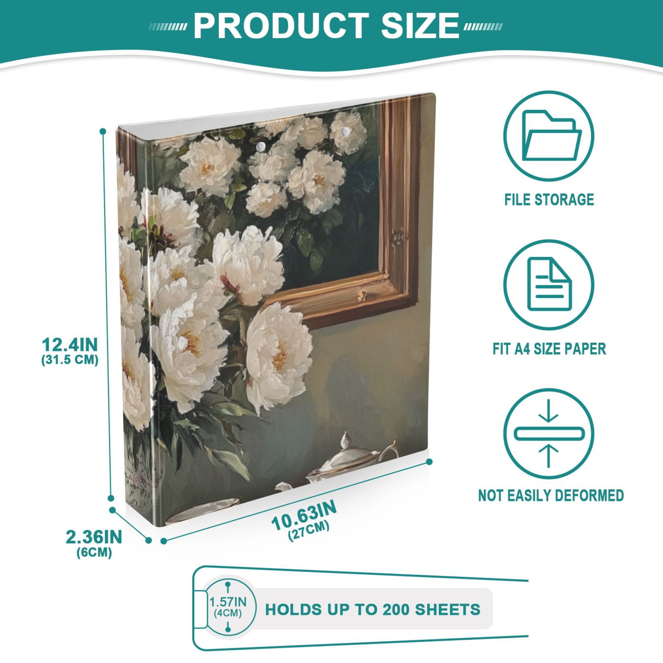 White Peonies 3 Ring Binders 1.5 inch Hardcover File Folders with Interior Pockets A4 Size Organizer for School Office Hospital Set of 2