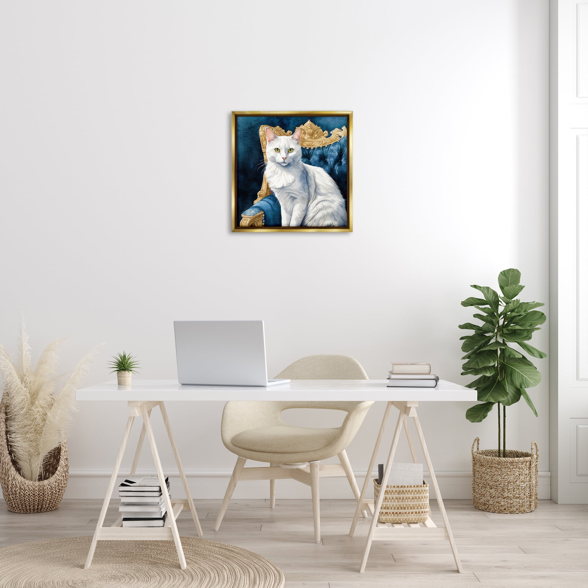 Stupell Industries White Cat & Ornate Chair Animals & Insects Painting Gold Floater Framed Canvas Art Print Wall Art, 25 x 25