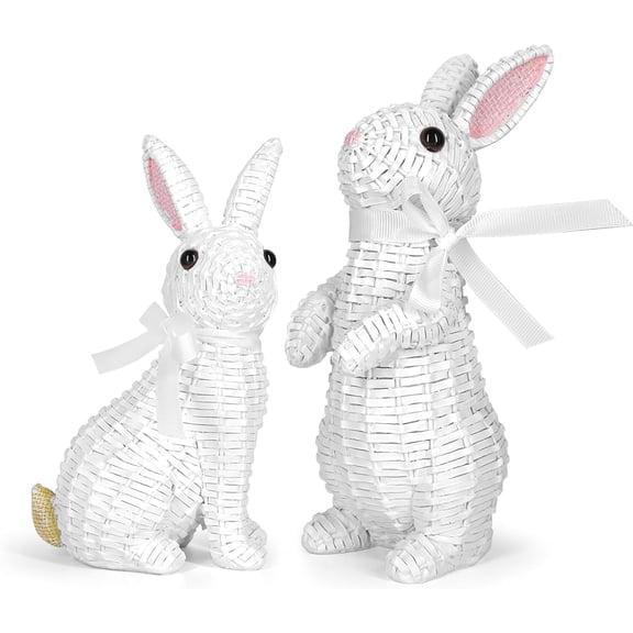 WEIH Rattan Effect Resin Bunny Easter Decor,Table Rabbit Easter Decorations,Spring Bunnies Decoration Statue Figurine for Home Farmhouse (White, Big-Pair)