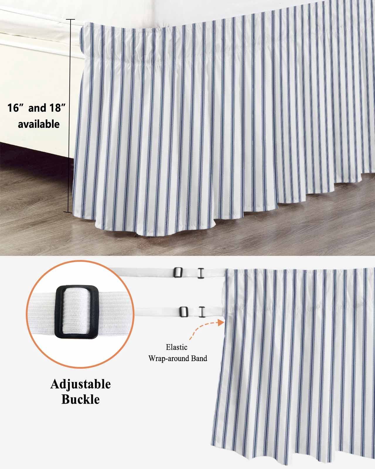 Navy Blue Striped Wrap Around Bed Skirts for Queen Bed 16" Drop,Bed Skirt with Adjustable Elastic Belt Dust Ruffle Bed Valance for Bedroom Hotel Navy Blue White Stripes Farmhouse Bed Frame Cover