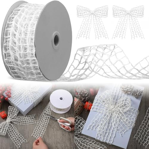 White Mesh Burlap Ribbon Rustic Jute Open Weave Burlap Net Ribbon Fabric DIY Craft for Gift Wrapping Bow Wreath DIY Crafts Party Home Decor 2.5" x 10 Yards$$Art & Craft