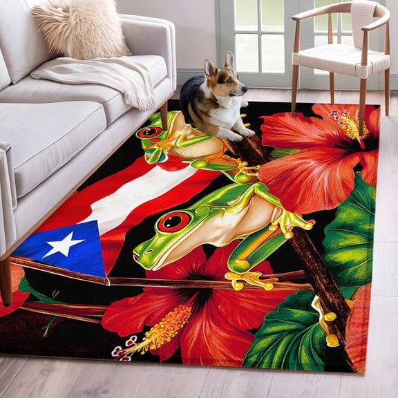 Puerto Rico Flag Area Rug 4x6 Washable Rug Non Slip Frog Red Flower Summer Leaf Large Area Rug Indoor Floor Carpet for Entryway Bedroom Kitchen Living Room Home Office Dining Room Nursery