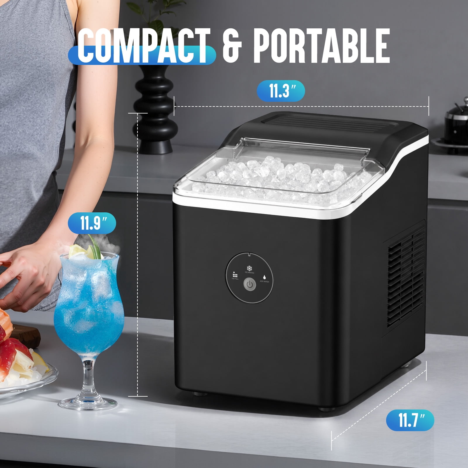 INOVIVA Countertop Nugget Ice Maker, Makes 27 LBS Per Day in 6 Mins, Self-Cleaning Stainless Steel Portable Machine for Home, Office & Parties