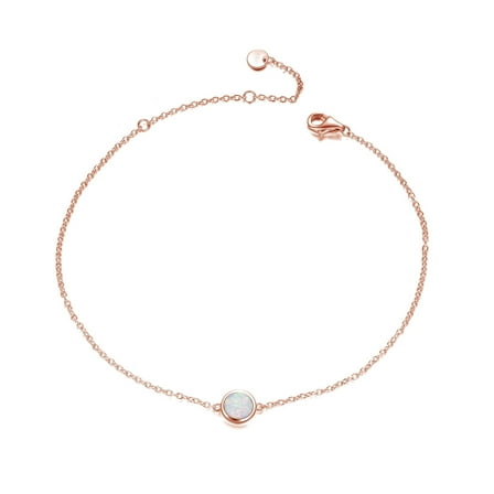Sterling Silver Created Opal Anklets Foot Ankle Bracelets for Women (Rose Gold White Opal Disc)