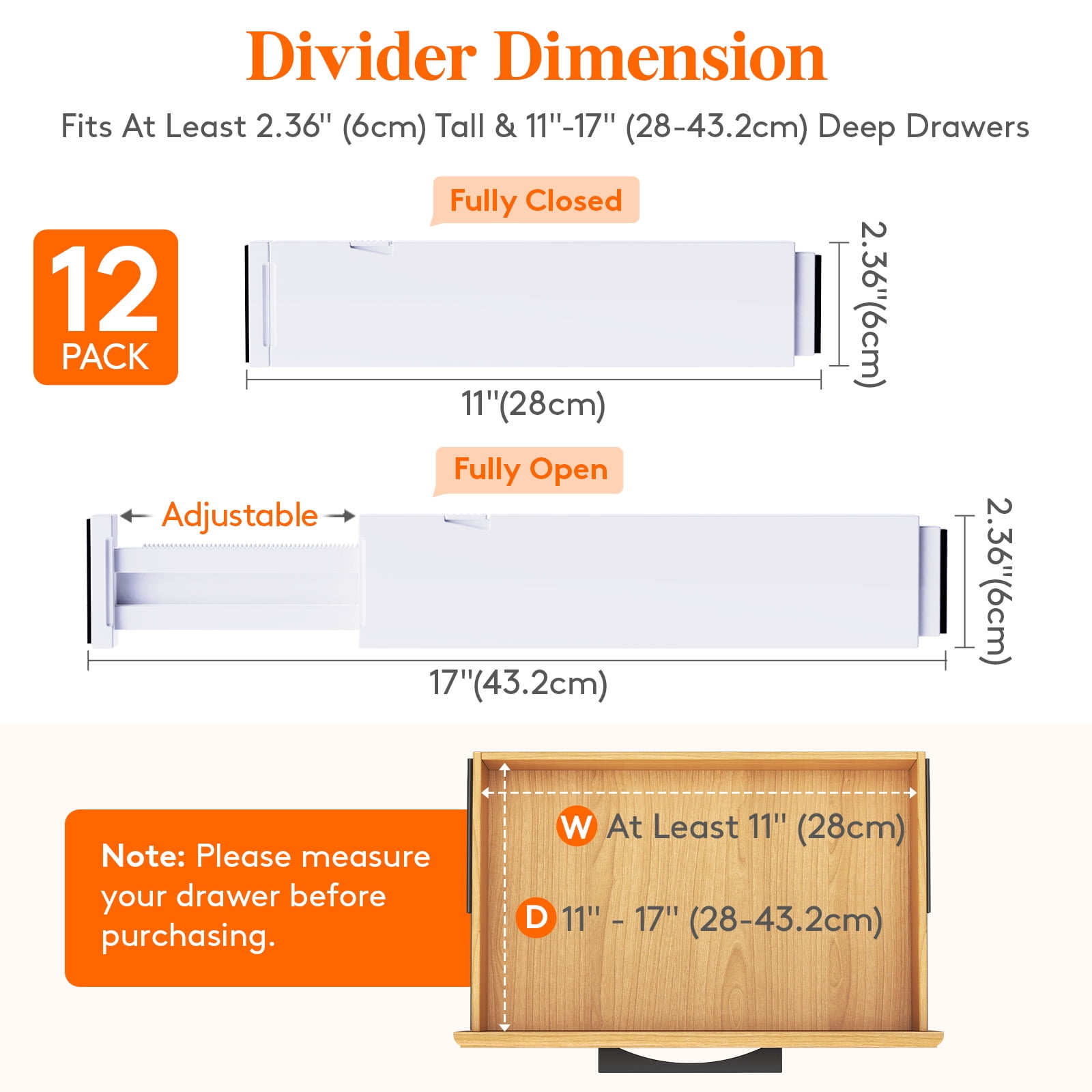 Lifewit Adjustable  Drawer Dividers, 12 Pack 2.36" High, 11"-17"Drawer Organizer for Utensils/Clothes/Makeup, Plastic Expandable Separators in Dresser/Bedroom/Bathroom/Office Storage