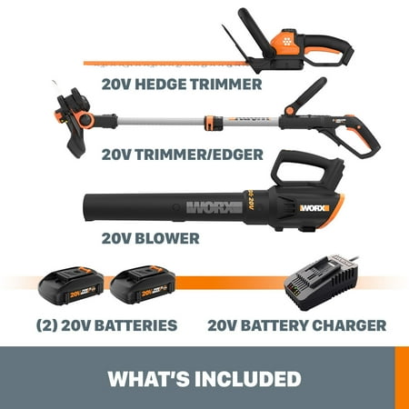 WORX - 20V Cordless Grass Trimmer, Hedge Trimmer, and Leaf Blower Combo Kit (2 x 2.0 Ah Batteries & 1 x Charger) - Black