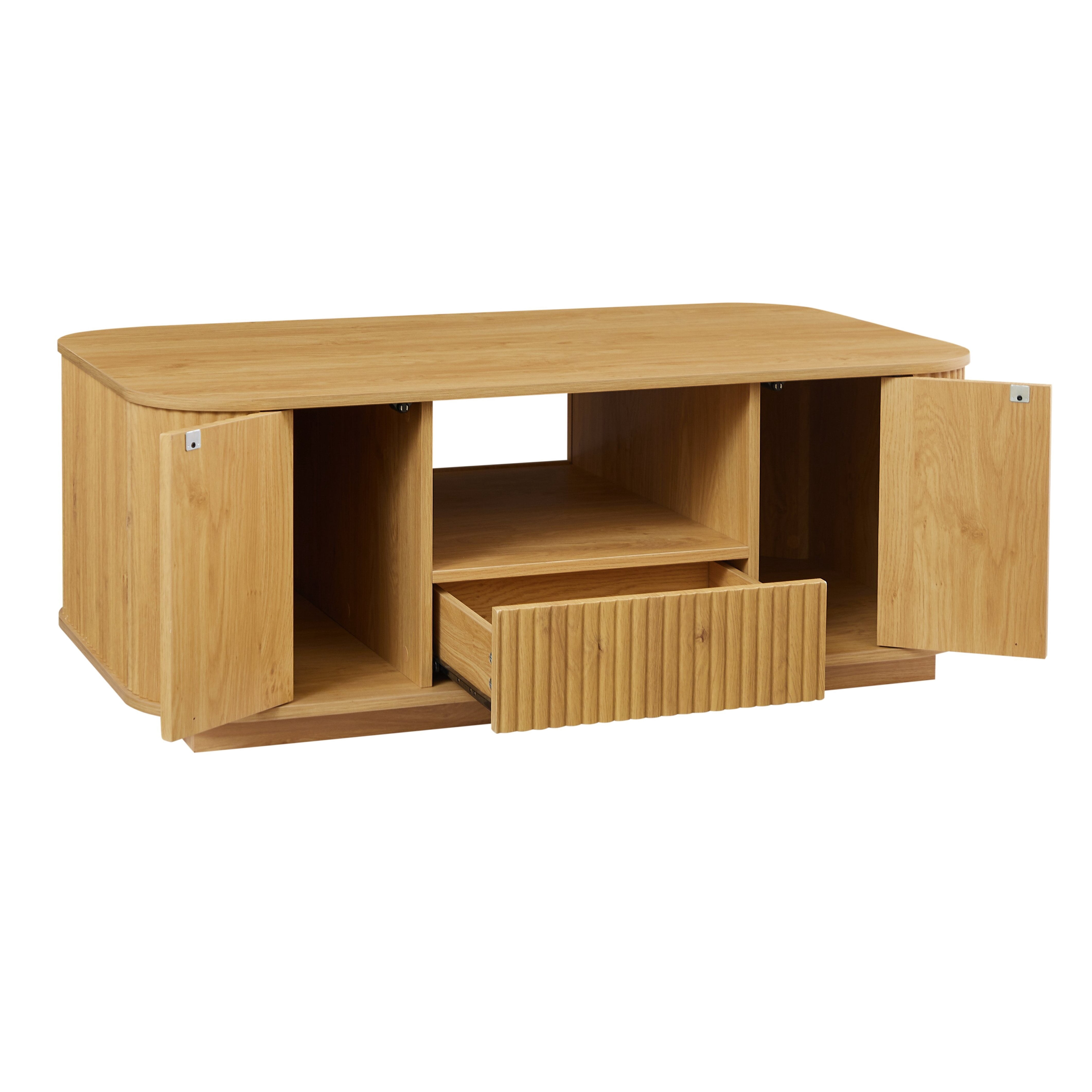 Homy Casa 46.5 in Modern Ripple Coffee Table with Doors Drawer and Open Shelf for Living Room Natural Oak
