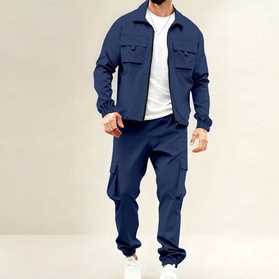 Kakii Men's Zip Up Track Set, Long Sleeve Collared Jacket & Tapered Cargo Jogger Pants with Elastic Waist Drawstring, Two-Piece Workwear Outfit