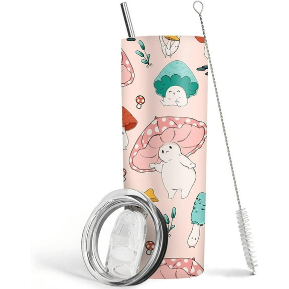 Cute Mushroom Tumbler 20 oz Travel Coffee Mug Pink Mushroom Skinny Tumblers with Lid and Straw Stainless Steel Insulated Coffee Cups Mushroom Lovers Gifts for Women Girls