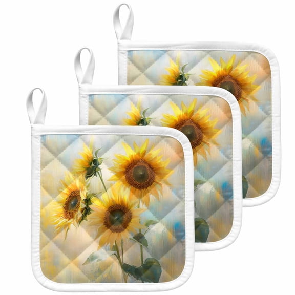 Sunflower Pot Holders for Kitchen Heatproof Potholder, 3 Pack Watercolor Yellow Floral Botanical Hot Pads Multipurpose Oven Pads Cloth Potholders Trivet for Cooking Baking