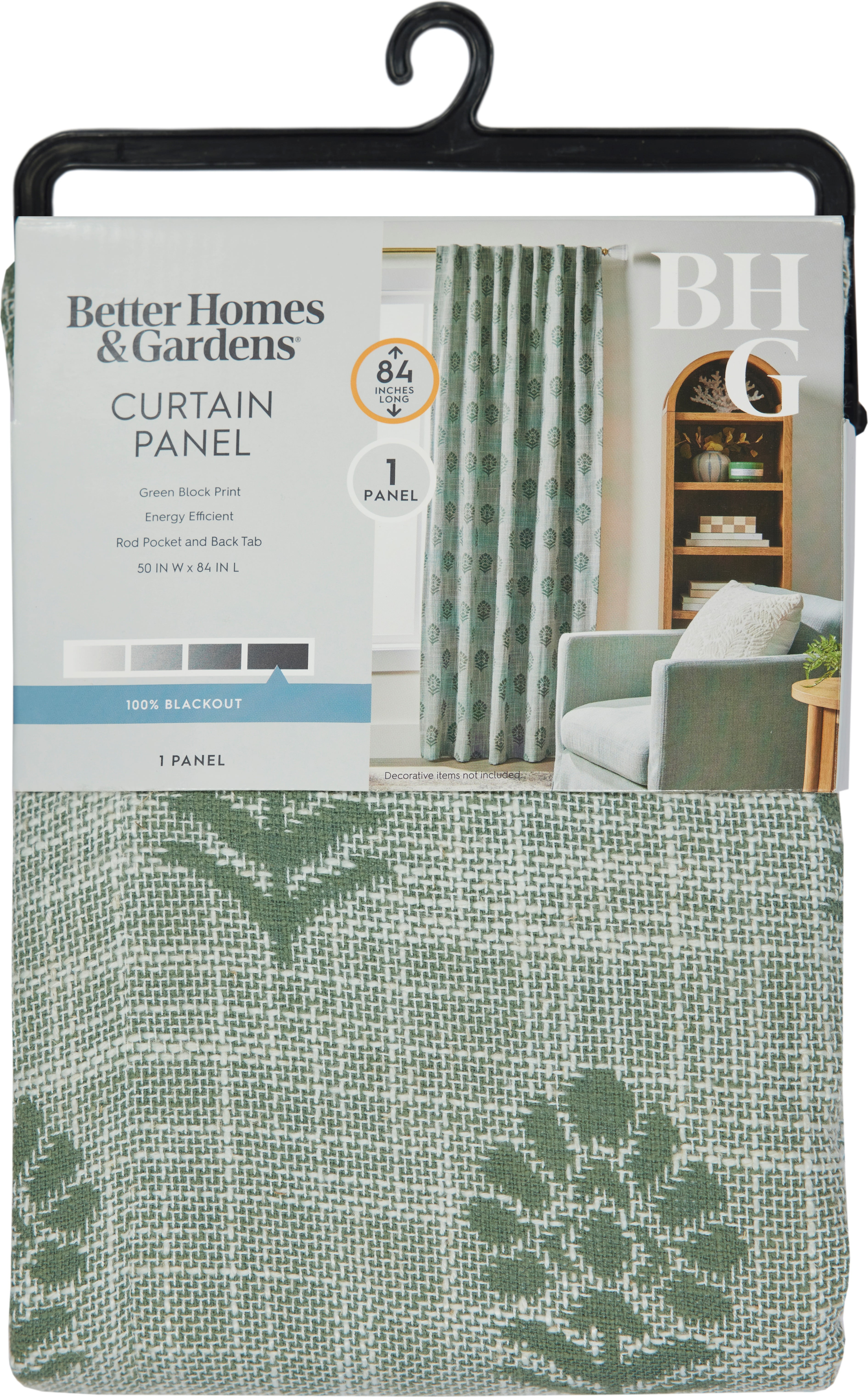 Better Homes & Gardens Floral Block Print Blackout Single Curtain Panel, Green, 50"W x 84"L