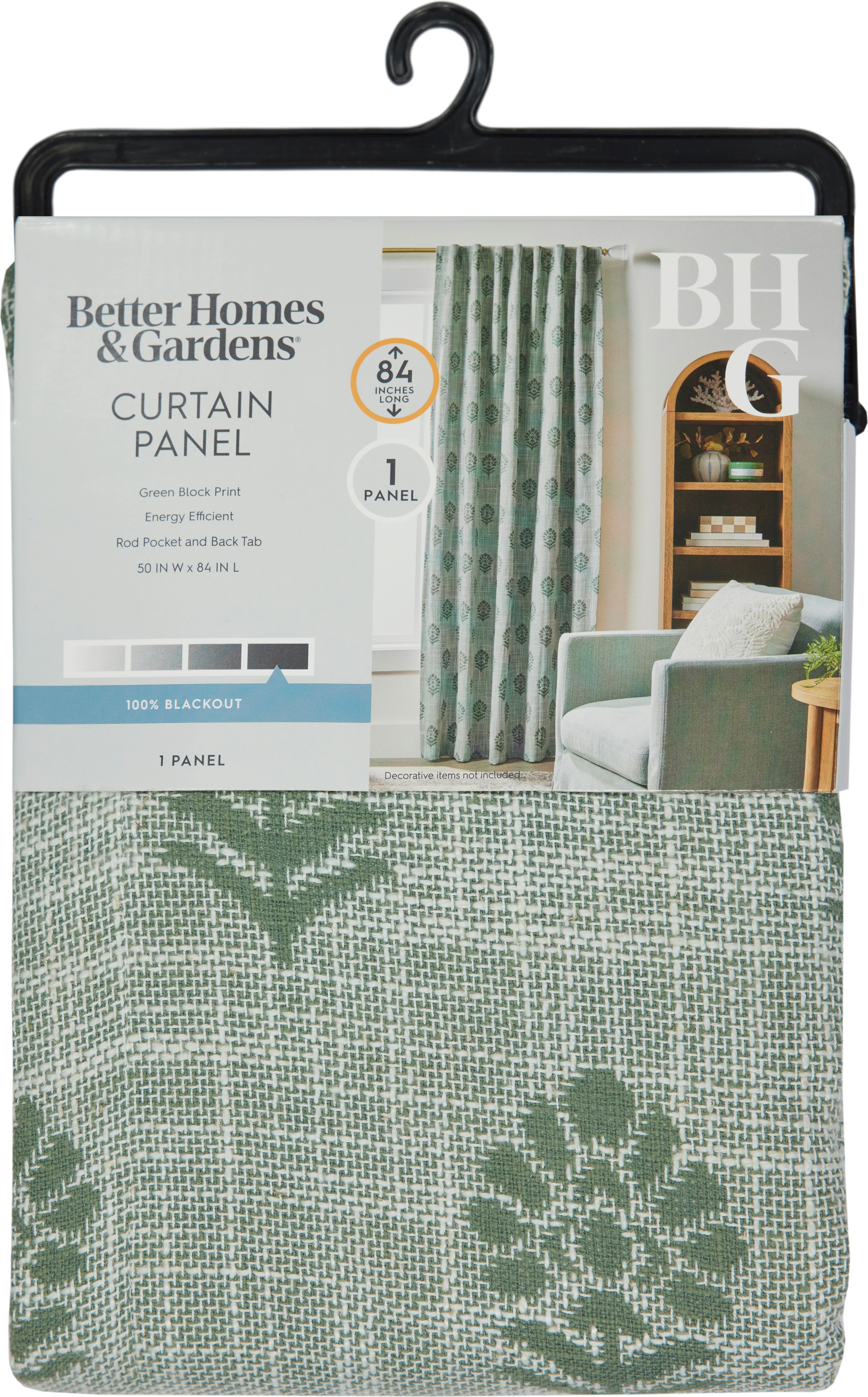 BETTER HOMES & GARDENS FLORAL BLOCK PRINT BLACKOUT SINGLE CURTAIN PANEL, GREEN, 50″W X 84″L