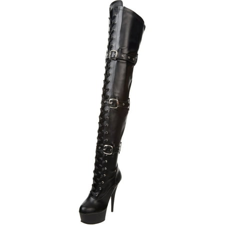 Glitter Thigh High Platform Boots - 6 Inch High Heel Platform Boots Stretch Thigh High Lace Up Black