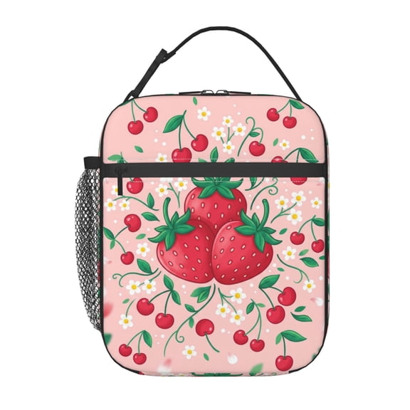 Strawberry Insulated Lunch Box Portable Handheld Reusable Cooler Handbag Front Pocket Cartoon Pattern Travel Work Office