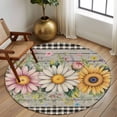 thumbnail image 2 of Round Rug 7Ft Washable Non-Slip, Vintage Daisy Floral Circle Area Rugs for Living Room Bedroom, Spring Flowers Botanical Leaves Checkered Wooden Indoor Floor Mats Carpet Runner for Home Decor, 2 of 8