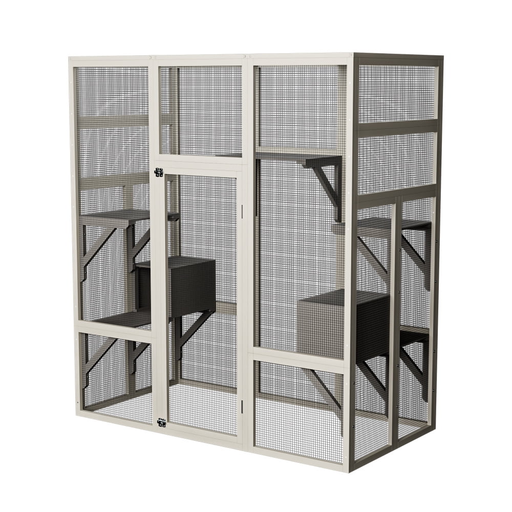 62.6" Outdoor Wooden Cat House Large Catio, Solid Wood Cat Cage Shelter Enclosure Playpen with Anti-UV& Waterproof, 5 Platforms and 2 Resting Boxes