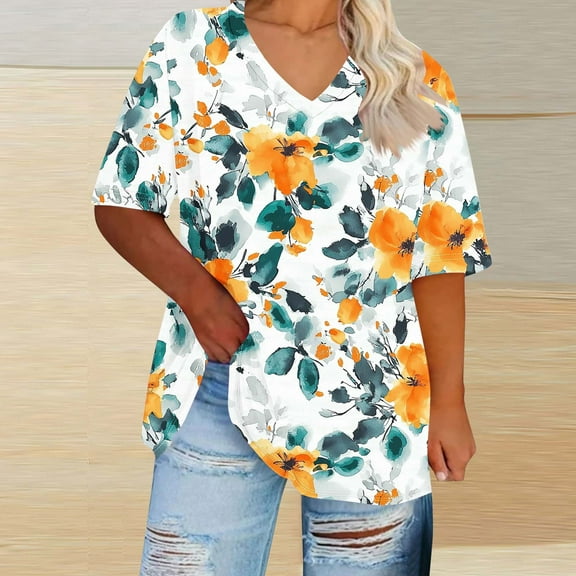 Plus Size 4X Women's Short Sleeve Tops Sale Under $10 Summer Casual Loose Print Blouse