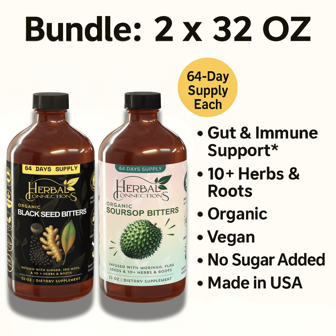 Black Seed & Soursop Bitters Bundle – 32 oz Each (64-Day Supply) By Herbal Connections -Vegan Organic Herbal Tonic for Overall Wellness – No Sugar, Made in USA